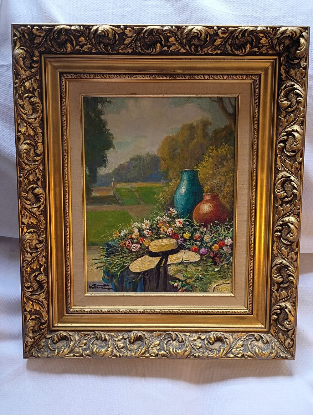 Vintage Garden Scene Oil Painting Summer Hat Floral Still Life Ornate Frame